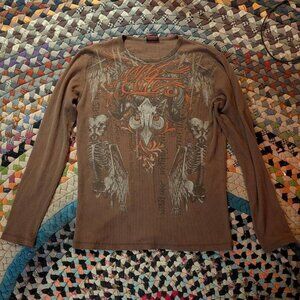 MMA Elite brown long sleeve shirt with skeleton design Size L #grunge #skater